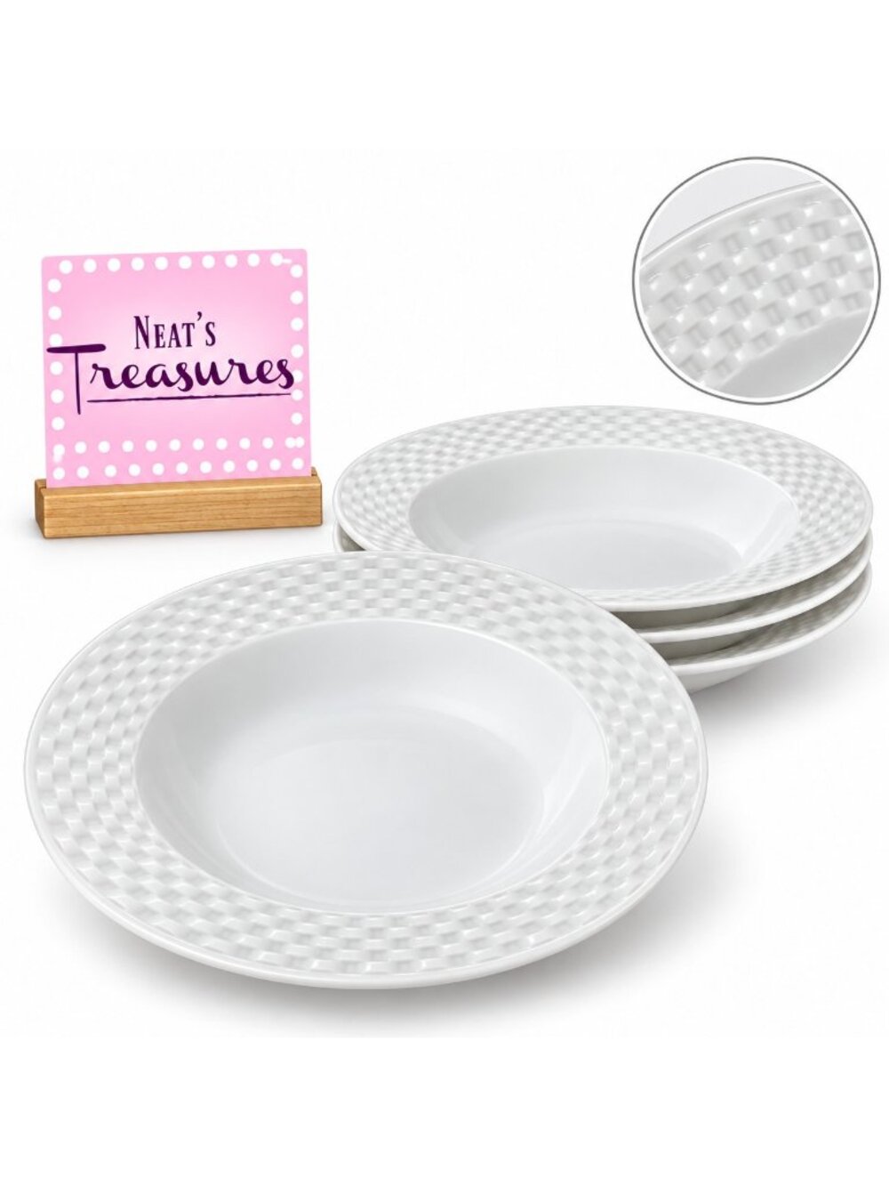 JCPenny Home BASKET WEAVE White Embossed Porcelain Rim Soup Pasta Bowls Set of 4